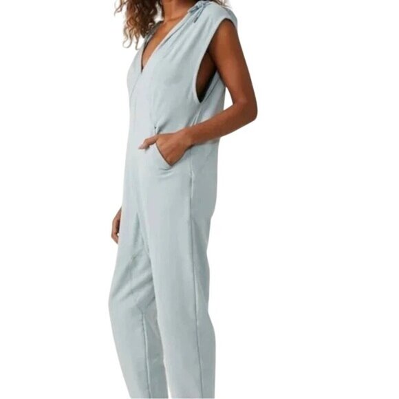 Free People Movement Nothing But Sweats Pastel Blue Hoodie Jumpsuit - Picture 5 of 11